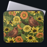 Wrens and flowers on green laptop sleeve<br><div class="desc">Hand-painted vector pattern with wren birds,  zinnias and rudbeckia flowers</div>