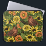 Wrens and flowers on green laptop sleeve<br><div class="desc">Hand-painted vector pattern with wren birds,  zinnias and rudbeckia flowers</div>