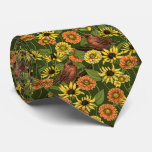 Wrens and flowers on green neck tie