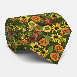 Wrens and flowers on green neck tie