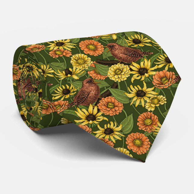 Wrens and flowers on green neck tie (Rolled)