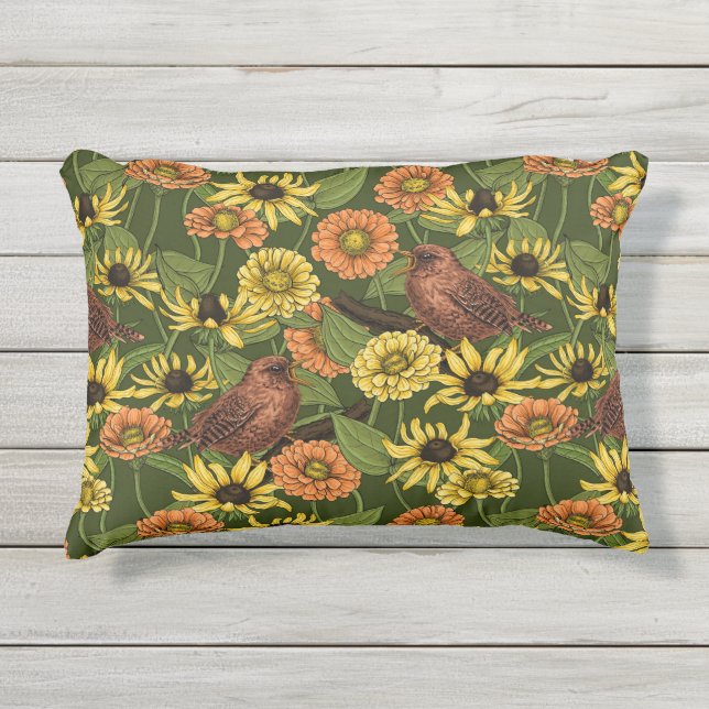 Wrens and flowers on green outdoor pillow (Front)