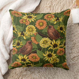 Wrens and flowers on green throw pillow