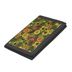 Wrens and flowers on green trifold wallet