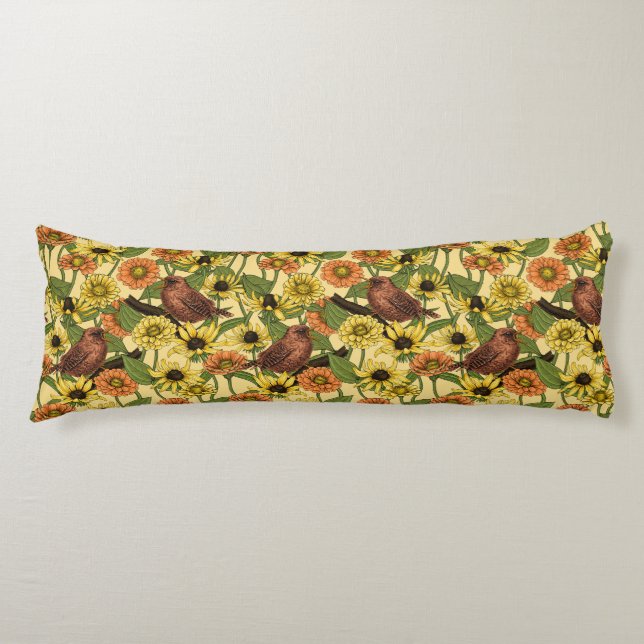Wrens and flowers on pale yellow body pillow (Front)