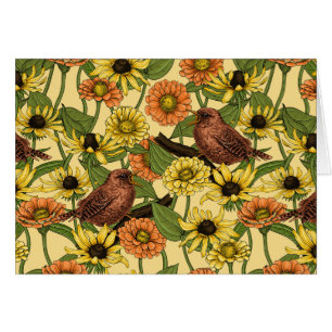 Wrens and flowers on pale yellow cards