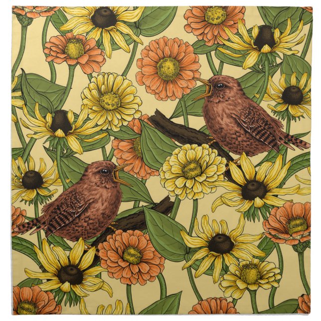 Wrens and flowers on pale yellow cloth napkin (Front)