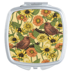 Wrens and flowers on pale yellow compact mirror