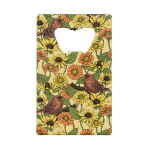 Wrens and flowers on pale yellow credit card bottle opener