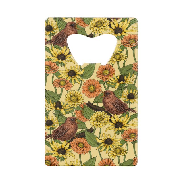 Wrens and flowers on pale yellow credit card bottle opener (Front)