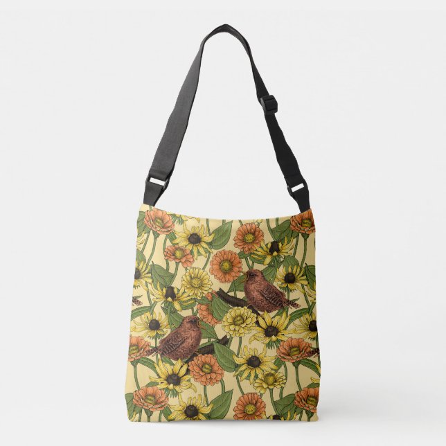 Wrens and flowers on pale yellow crossbody bag (Front)