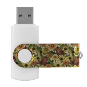 Wrens and flowers on pale yellow flash drive