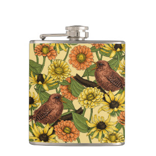 Wrens and flowers on pale yellow flask
