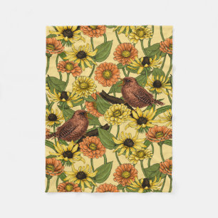 Wrens and flowers on pale yellow fleece blanket