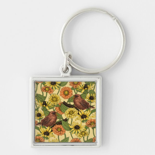 Wrens and flowers on pale yellow keychain (Front)