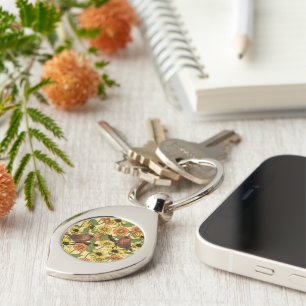 Wrens and flowers on pale yellow keychain