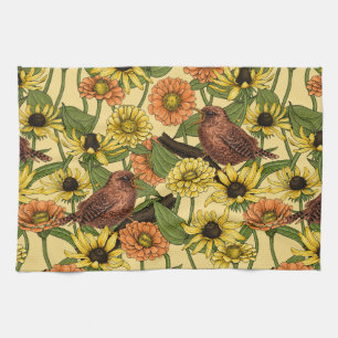 Wrens and flowers on pale yellow kitchen towel
