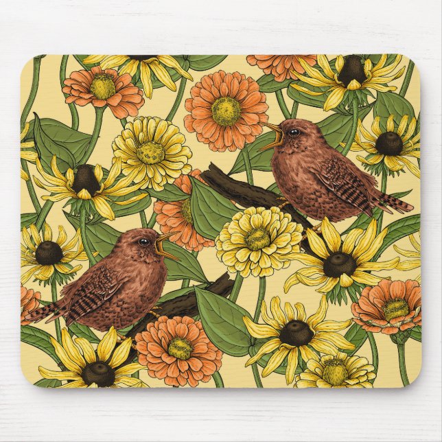 Wrens and flowers on pale yellow mouse pad (Front)