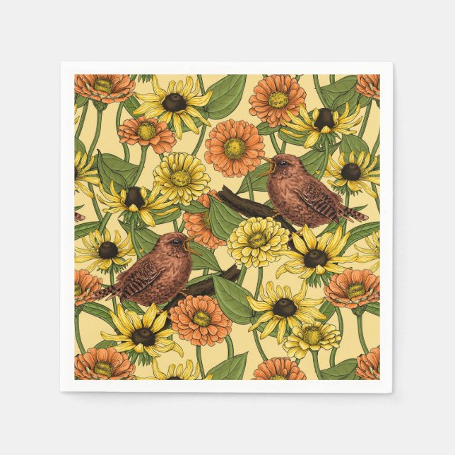Wrens and flowers on pale yellow napkins (Front)