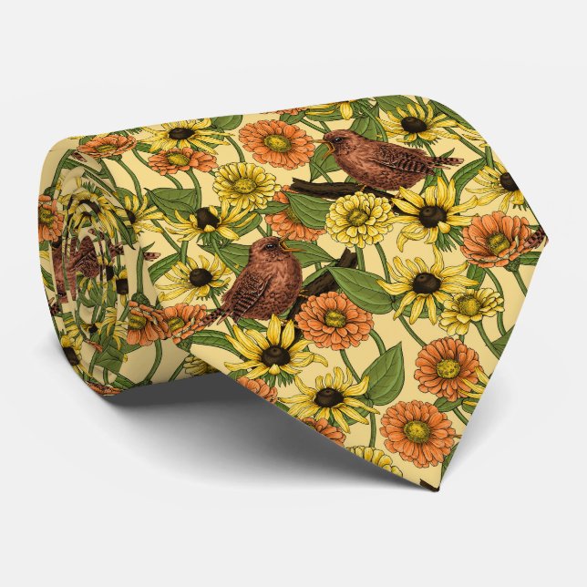 Wrens and flowers on pale yellow neck tie (Rolled)