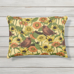 Wrens and flowers on pale yellow outdoor pillow