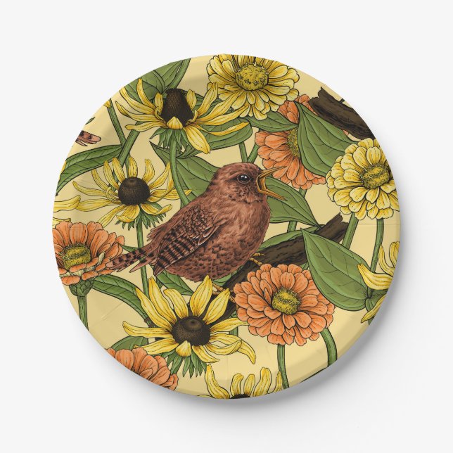 Wrens and flowers on pale yellow paper plates (Front)