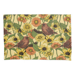 Wrens and flowers on pale yellow pillow case