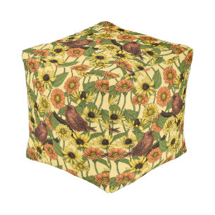 Wrens and flowers on pale yellow pouf