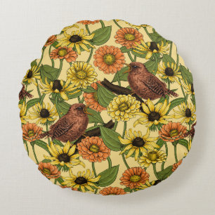 Wrens and flowers on pale yellow round pillow