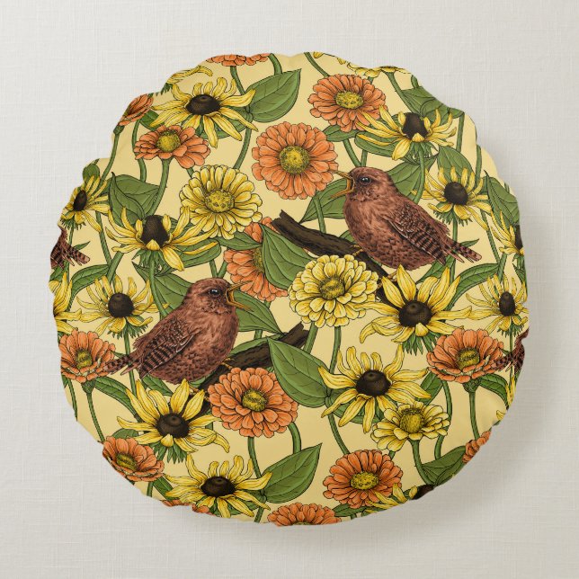 Wrens and flowers on pale yellow round pillow (Front)