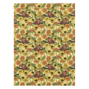 Wrens and flowers on pale yellow tablecloth