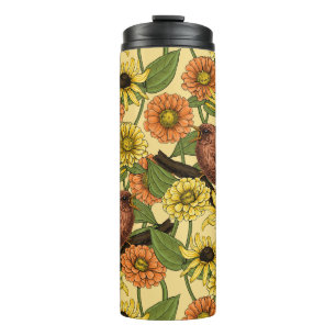 Wrens and flowers on pale yellow thermal tumbler