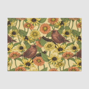 Wrens and flowers on pale yellow tissue paper