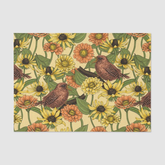 Wrens and flowers on pale yellow tissue paper (Front)