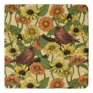 Wrens and flowers on pale yellow trivet