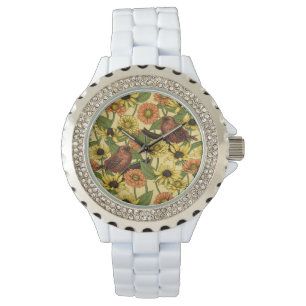 Wrens and flowers on pale yellow watch