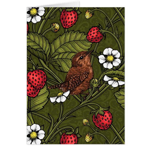 Wrens and strawberries on dark green (Front)