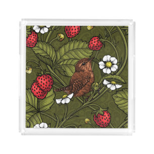 Wrens and strawberries on dark green acrylic tray