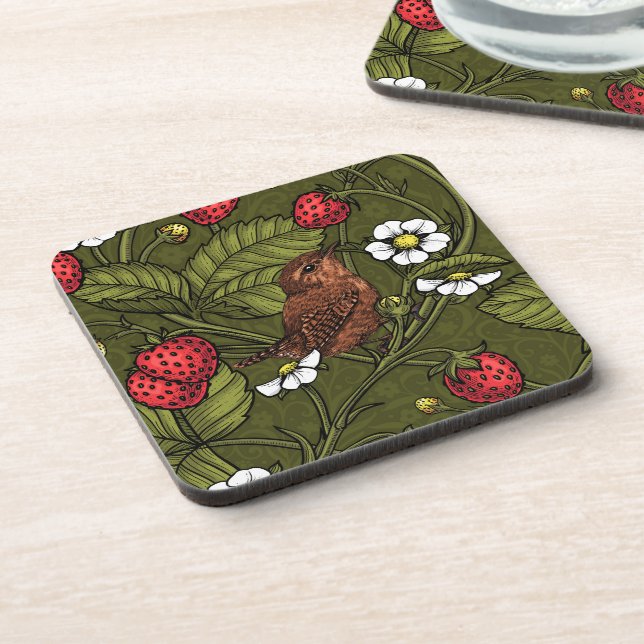 Wrens and strawberries on dark green beverage coaster (Left Side)