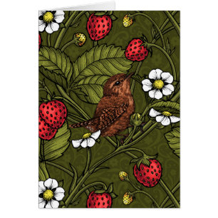 Wrens and strawberries on dark green cards