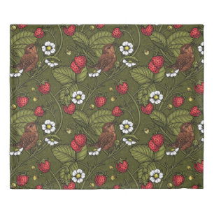 Wrens and strawberries on dark green duvet cover