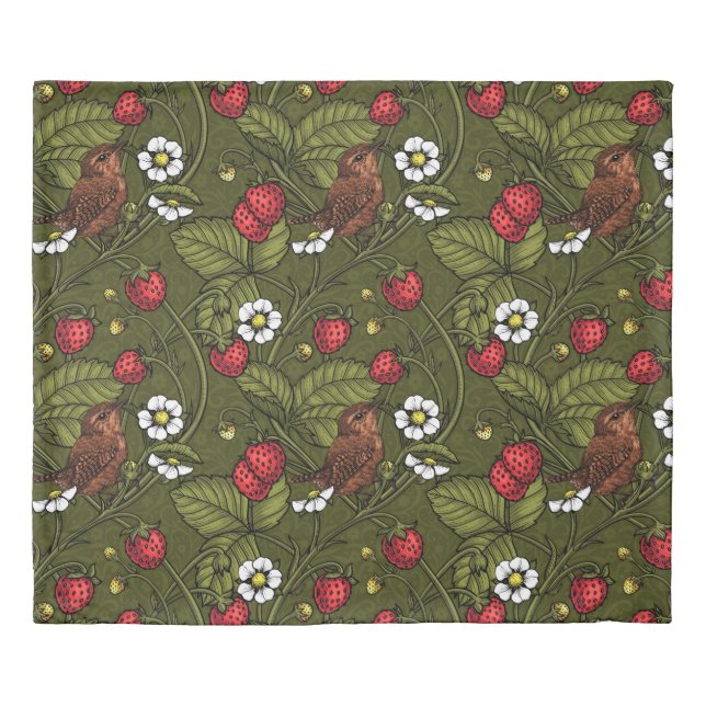 Wrens and strawberries on dark green duvet cover (Front)