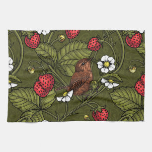 Wrens and strawberries on dark green kitchen towel