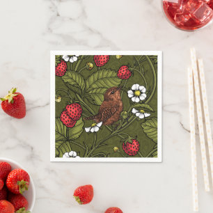 Wrens and strawberries on dark green napkins