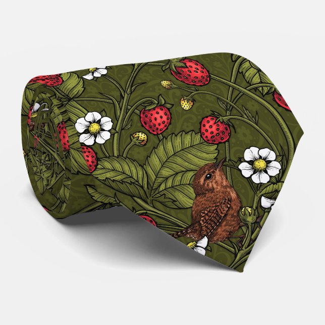 Wrens and strawberries on dark green neck tie (Rolled)