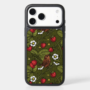 Wrens and strawberries on dark green iPhone 17 pro max case