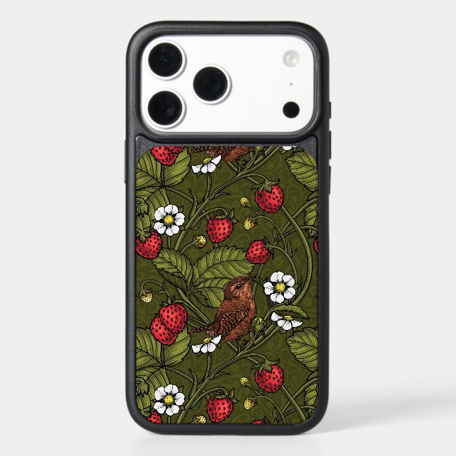 Wrens and strawberries on dark green otterbox iPhone case (Back)