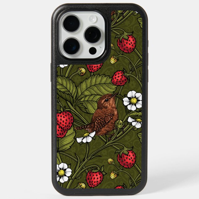 Wrens and strawberries on dark green otterbox iPhone case (Back)