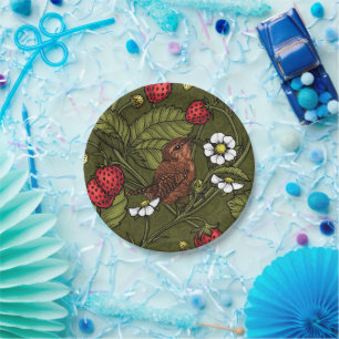 Wrens and strawberries on dark green paper plates
