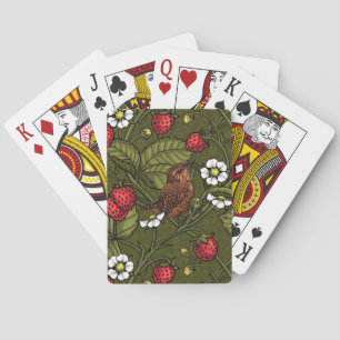 Wrens and strawberries on dark green poker cards